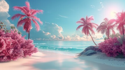 Tropical Paradise With Pink Palm Trees and Serene Beach at Sunset
