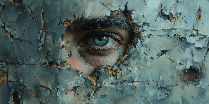 Close-up portrait of a young woman with blue eyes looking through a hole in metal