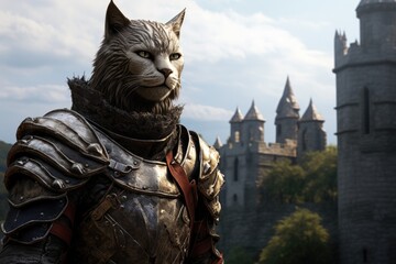 Armored Cat Warrior Guarding Castle - obrazy, fototapety, plakaty