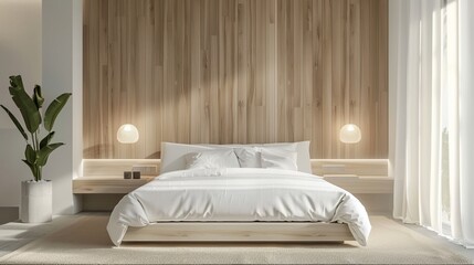4️⃣ Modern bedroom interior with wooden paneling wall, white and beige color palette
