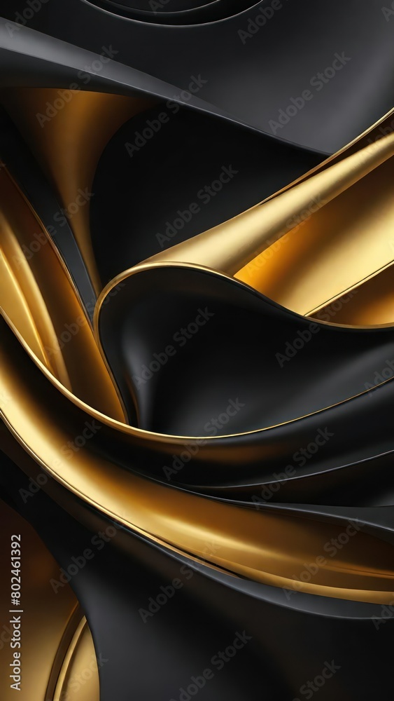 Poster Black and golden color tone soft and smooth wavy lines abstract background.