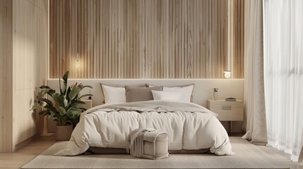4️⃣ Modern bedroom interior with wooden paneling wall, white and beige color palette