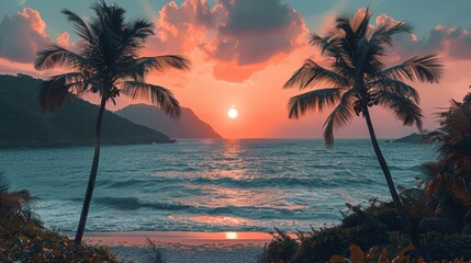 Tropical Beach Sunset with Palm Trees and Ocean Waves
