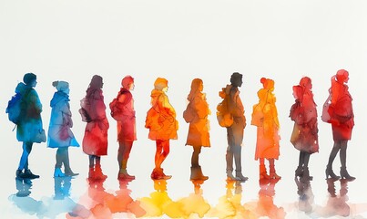 A colorful drawing of people standing in line against a white background