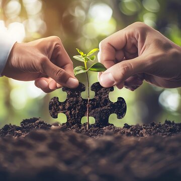 A two hands from either side of the frame, each placing a piece of a puzzle onto a sapling growing in dark soil. The hands are positioned such that they appear to be holding up the puzzle.