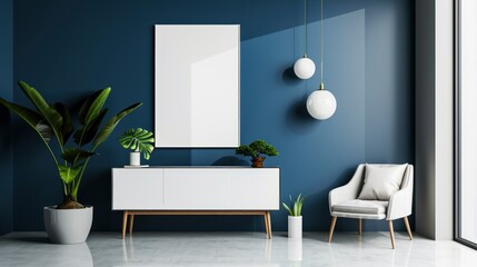 A white blank canvas mockup in a room with blue walls with white armchair and sideboard