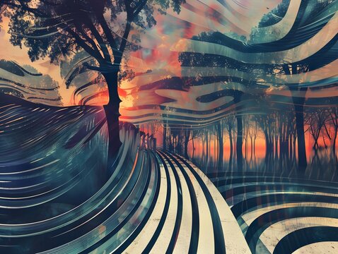 Abstract Cosmic Forest Surreal Landscape of Shapes and Trees