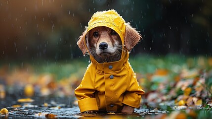   Brown dog in yellow raincoat, sat in puddle with head turned to the side