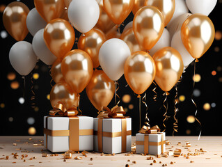 Birthday golden balloons and gifts