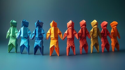 A group of paper people holding hands, standing in front view on a blue background, in the style of origami