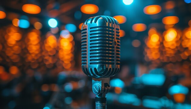 a microphone in front of an audience at the business conference, blurred background with people during a presentation or book signing