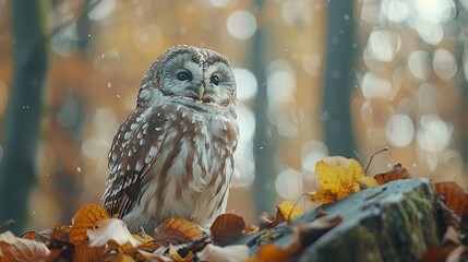   An owl perched atop a mound of leaves amidst a dense forest, surrounded by towering trees