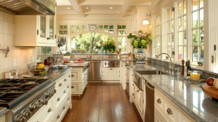 Fototapeta premium a spacious home kitchen featuring an island, dining table, and chairs, adorned with white cabinets, stainless steel appliances, a grey marble countertop, and warm wood flooring.