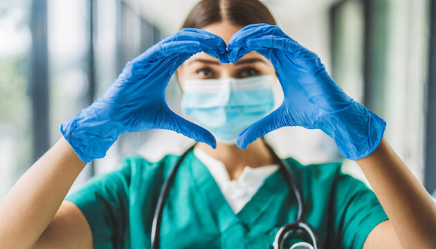 Female medic in mask, gloves, blue-green uniform forms heart with hands, symbolizing care and compassion in healthcare