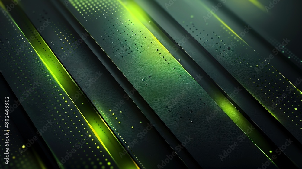 Wall mural black and lime green abstract background with diagonal lines and glowing elements, metallic textures - Wall murals