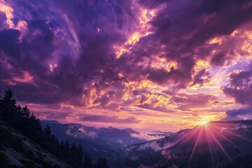 A vibrant sunset over a misty mountain landscape with dramatic clouds and radiant sunlight