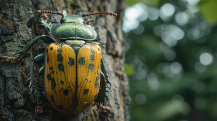 close up Green beetle on tree trunk