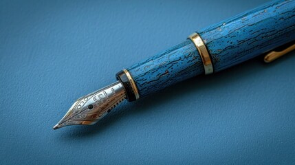 luxury blue fountain pen on blue background