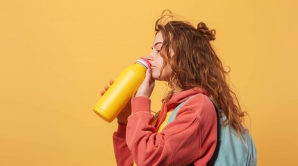 woman drinks and holds a colored plastic tumbler