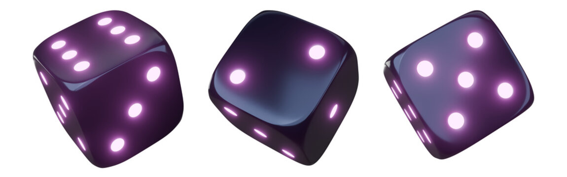 Casino gambling game dice. Iridescent dice with neon colors. Purple dice. 3d render