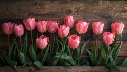 A rustic wooden background with pink tulips arranged in rows, creating an elegant and timeless floral composition for various uses in the style of various artists