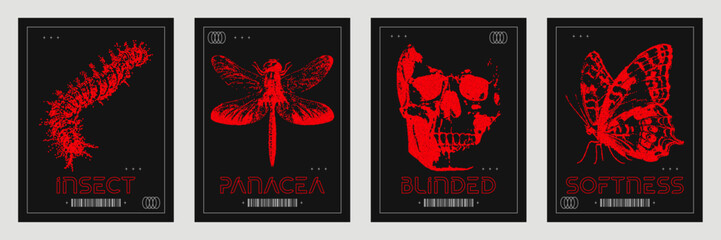 Set of futuristic posters with retro photocopy elements. Stylish caterpillar, skull, butterfly, dragonfly print for streetwear, T-shirts, sweatshirts. Vector illustration.