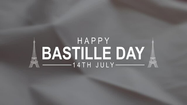 Happy Bastille Day Lettering Text Animation, White color with frech flag motion . Great for Celebrations, Ceremonies, Festivals, greetings, and banners. Happy Bastille Day 14th of July. 