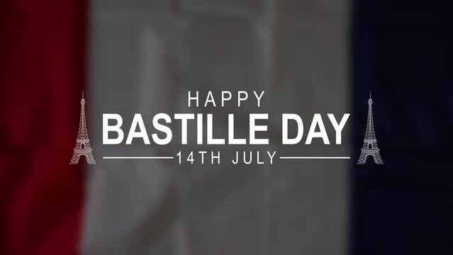 Happy Bastille Day Lettering Text Animation, White color with frech flag motion . Great for Celebrations, Ceremonies, Festivals, greetings, and banners. Happy Bastille Day 14th of July. 