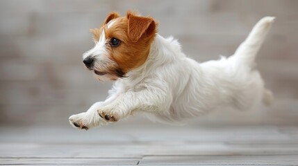 Small White and Brown Dog Running on Wooden Floor
