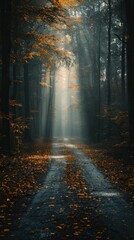 Road Through Forest With Fallen Leaves