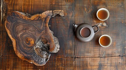 tea break as you behold a rustic wooden background adorned with cookware for a tea ceremony, featuring a teapot and cups arranged in a top view with ample copyspace.