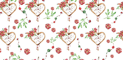 Seamless Pattern. A Dream Catcher in Shape Heart, Beads, Red Flowers, Twigs, Briar. White Background. Home Textiles, Wrapping Paper, Postcards, Valentine's Day and Birthday