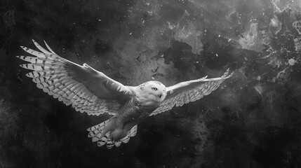 Fototapeta premium B&W pic of owl mid-flight w/spread wings & open eyes