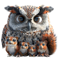 A 3D animated cartoon render of a wise owl signaling to a family of squirrels about an incoming threat.