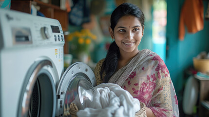 young woman standing near washing machine holding clothes in hand.