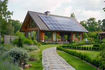Country house with solar panels on the roof. Well-maintained plot, beautiful flowerbeds with bushes, beautiful garden, stone walkway