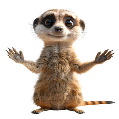An illustration in 3D cartoon style of a helpful meerkat showing direction to perplexed visitors.