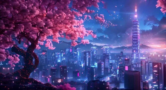 Fantasy Japanese night view city citycape, neon light, residential skyscraper buildings, pink cherry sakura tree. Night urban anime fantasy.