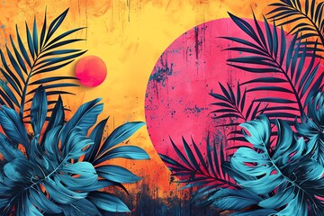Abstract background in the style of Memphis with geometric shapes and patterns, featuring tropical elements