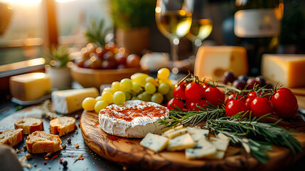 Cheese platter with grapes, tomatoes, rosemary and wine