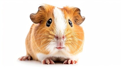 A cute guinea pig with a happy expression is captured in a photo against a white backdrop.
