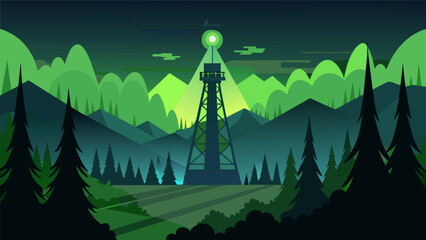 As I drove past the forest I could see the looming scareering broadcast tower casting an eerie glow on the trees with its neon green lights..