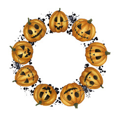 Halloween round frame. Carved orange pumpkin, spider, black splatter spots wreath. Jack o Lantern, illuminating the way. Cartoon clipart. Hand drawn watercolor illustration isolated background.