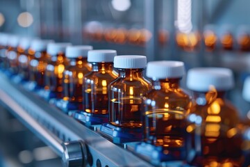 Medicine bottles with liquid on conveyor belt at pharmaceutical plant