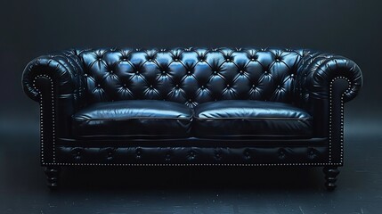   Dark room, black leather couch with studded arms under spotlight - obrazy, fototapety, plakaty