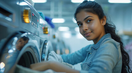 young woman standing near washing machine holding clothes in hand.
