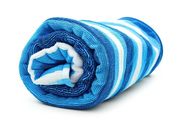 Blue rolled up towel isolated on white background