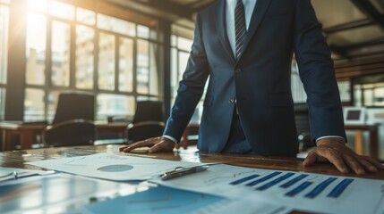 Business person giving a lecture and financial charts. Financial planning.