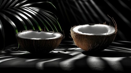   A pair of coconuts atop a table with a palm leaf nearby