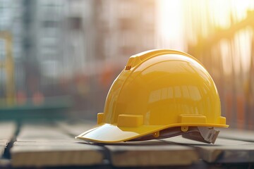 Safety helmet on sunshine and blurred construction background